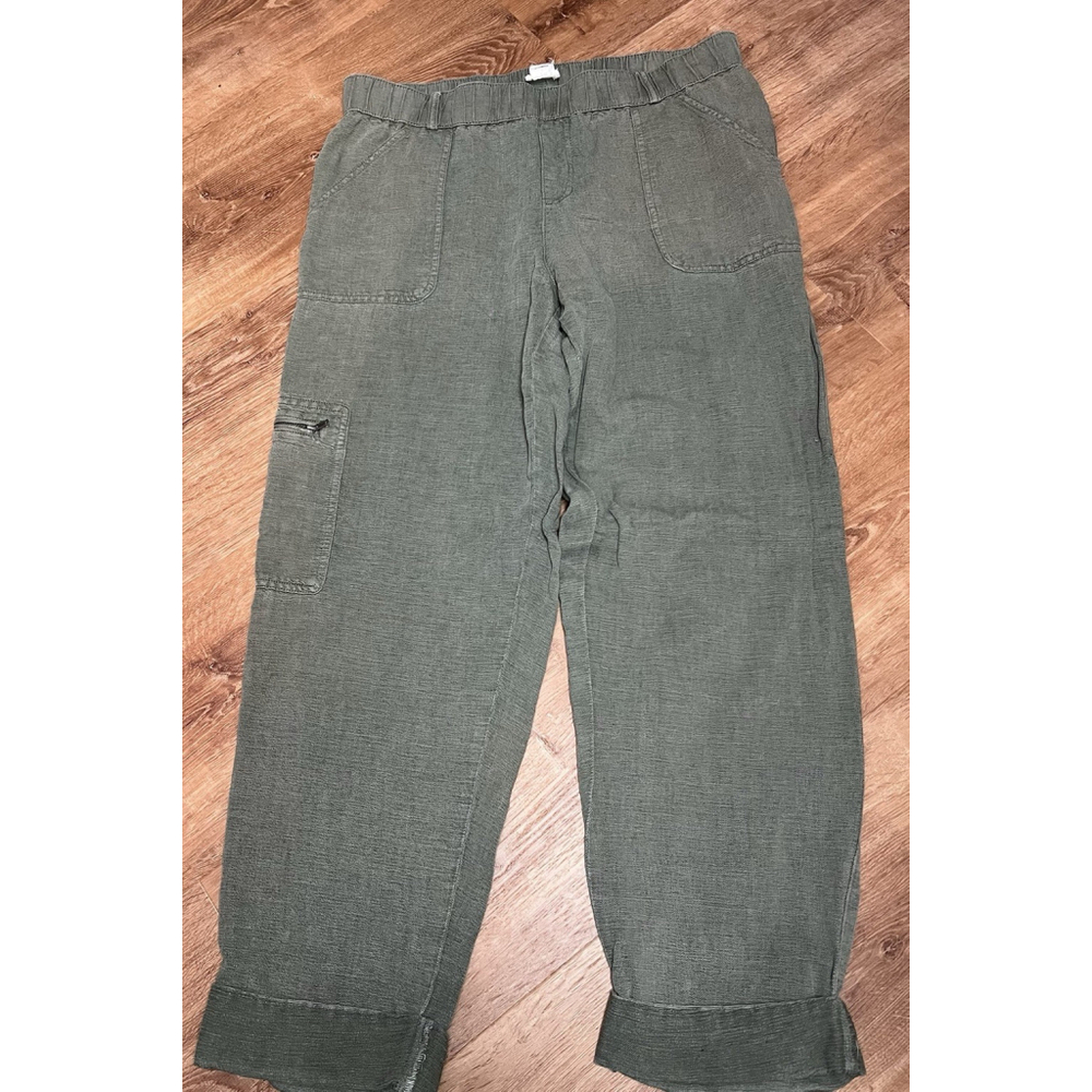 Nicole Miller Womens Large Linen Pants Cargo Utility Army Green Boho